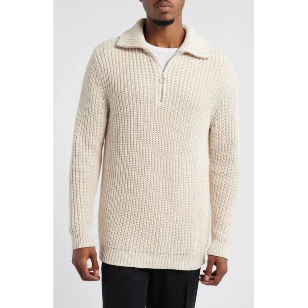 Open Edit Shaker Stitch Quarter‎ Zip Sweater M Beige 100% Cotton Minimalist